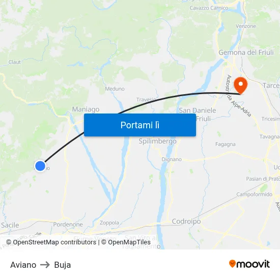 Aviano to Buja map