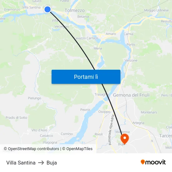Villa Santina to Buja map