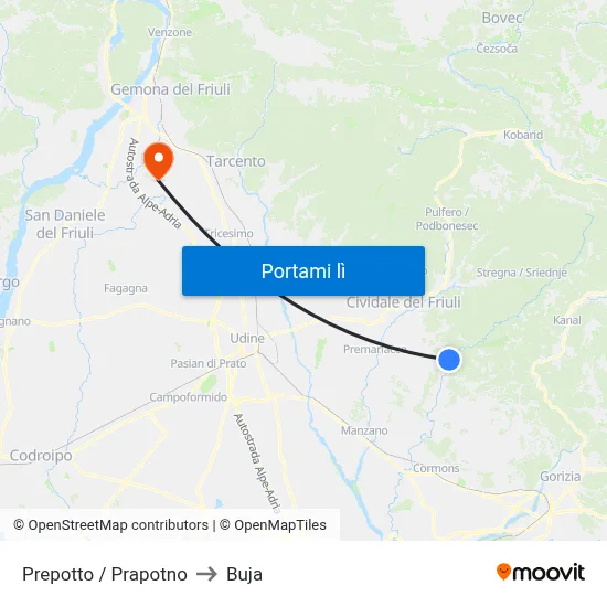 Prepotto / Prapotno to Buja map
