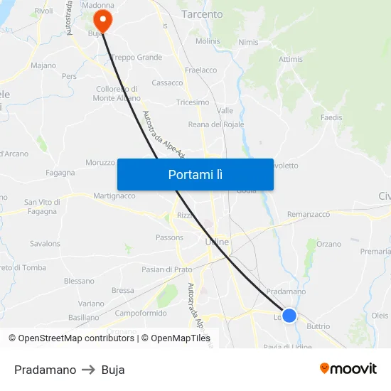 Pradamano to Buja map