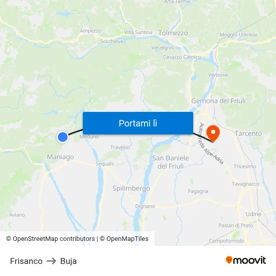 Frisanco to Buja map