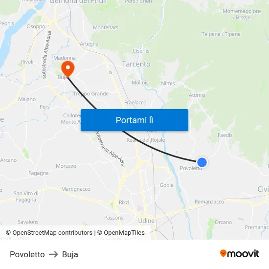 Povoletto to Buja map