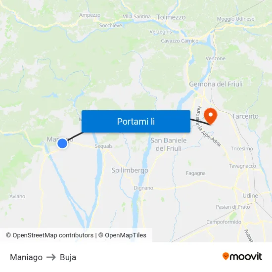 Maniago to Buja map