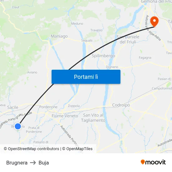 Brugnera to Buja map