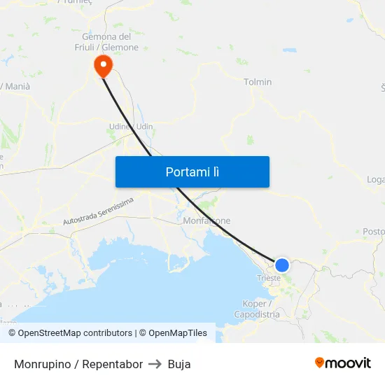 Monrupino / Repentabor to Buja map
