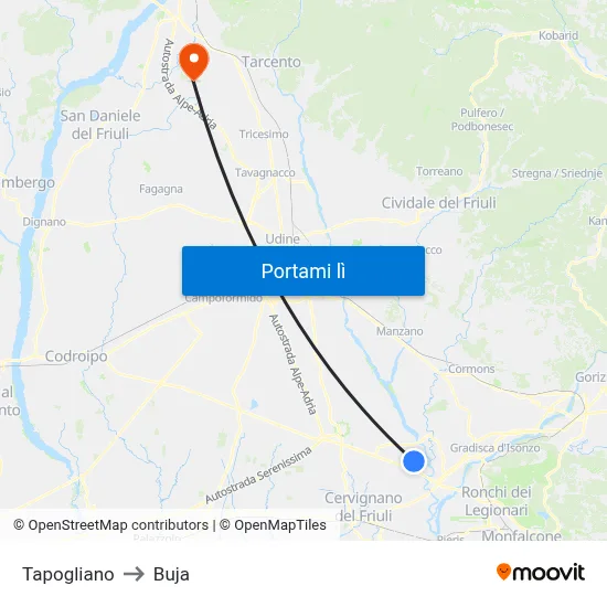 Tapogliano to Buja map