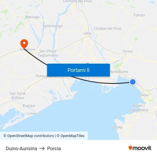 Duino-Aurisina to Porcia map