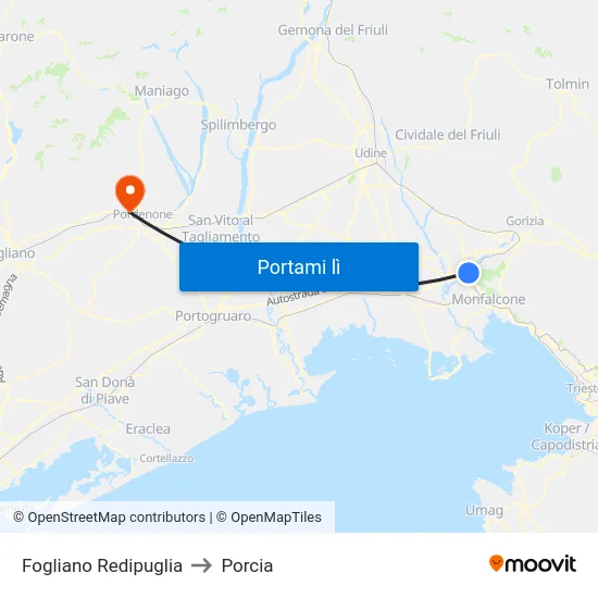 Fogliano Redipuglia to Porcia map