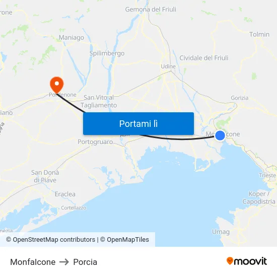 Monfalcone to Porcia map