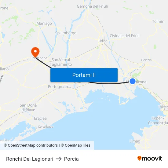 Ronchi Dei Legionari to Porcia map