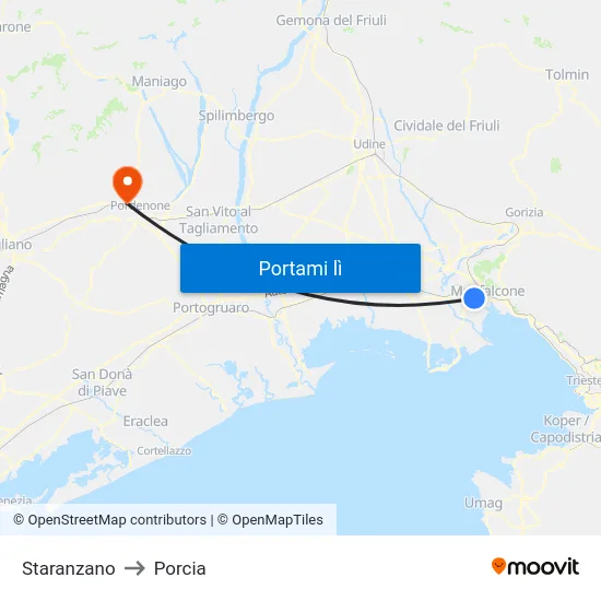 Staranzano to Porcia map