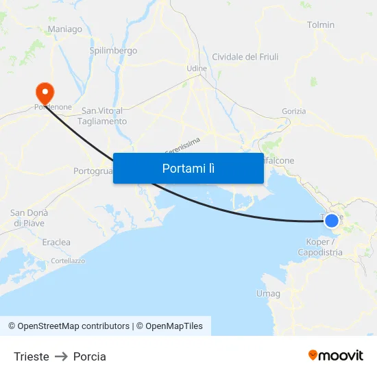 Trieste to Porcia map