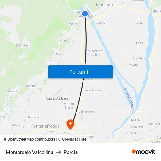 Montereale Valcellina to Porcia map