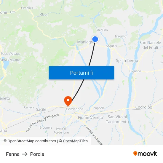 Fanna to Porcia map