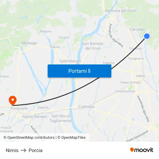Nimis to Porcia map