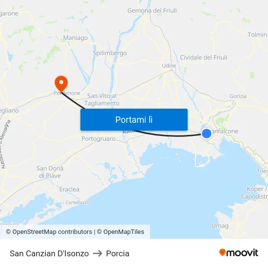 San Canzian D'Isonzo to Porcia map