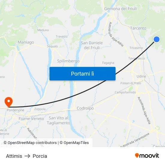 Attimis to Porcia map