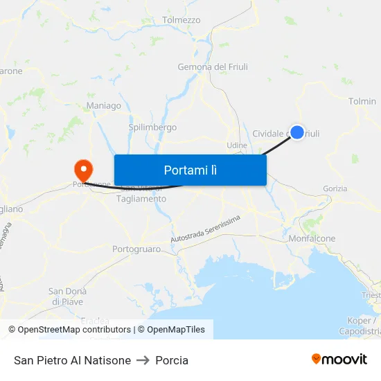 San Pietro Al Natisone to Porcia map