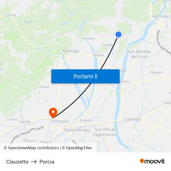 Clauzetto to Porcia map