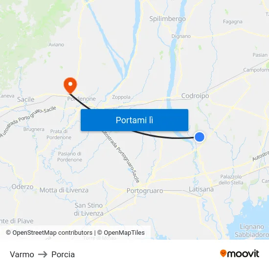 Varmo to Porcia map
