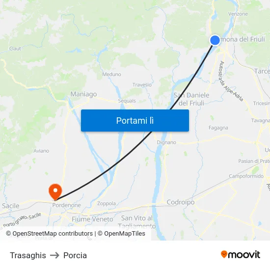 Trasaghis to Porcia map