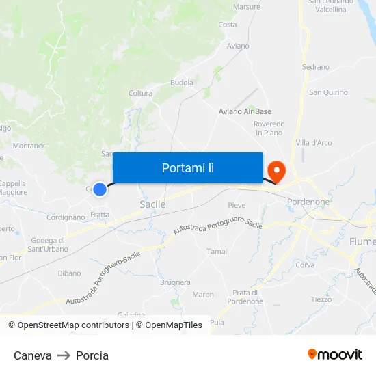 Caneva to Porcia map