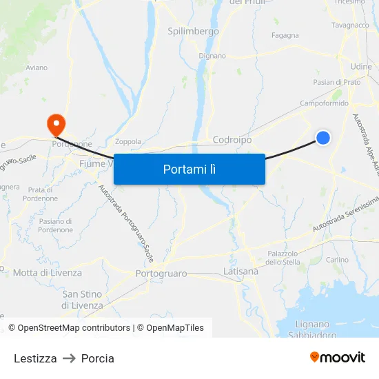 Lestizza to Porcia map