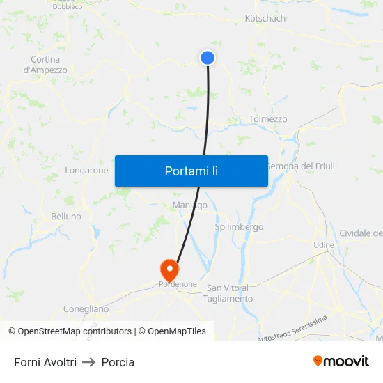 Forni Avoltri to Porcia map