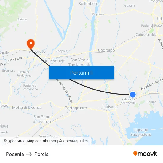 Pocenia to Porcia map