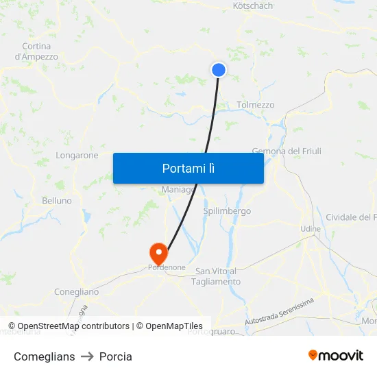 Comeglians to Porcia map