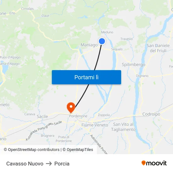 Cavasso Nuovo to Porcia map