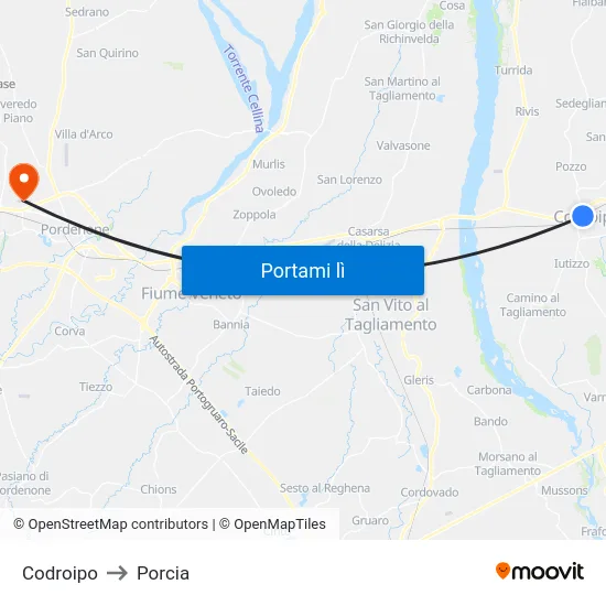 Codroipo to Porcia map