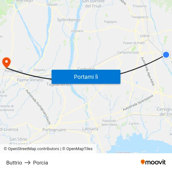 Buttrio to Porcia map