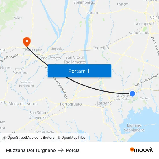 Muzzana Del Turgnano to Porcia map