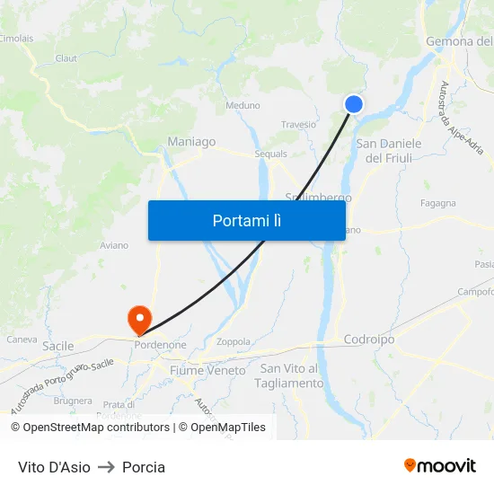 Vito D'Asio to Porcia map