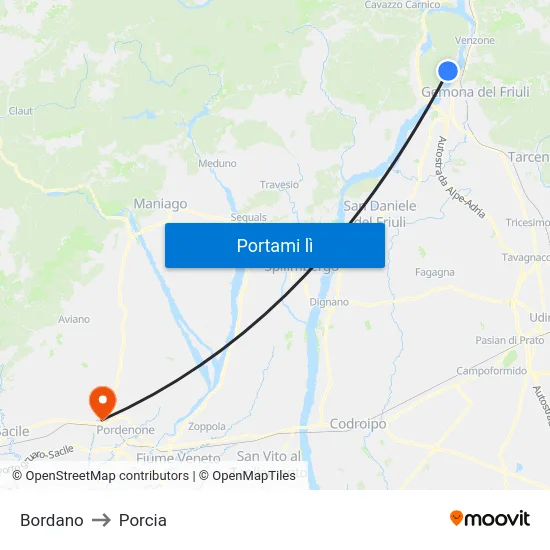 Bordano to Porcia map