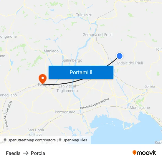 Faedis to Porcia map