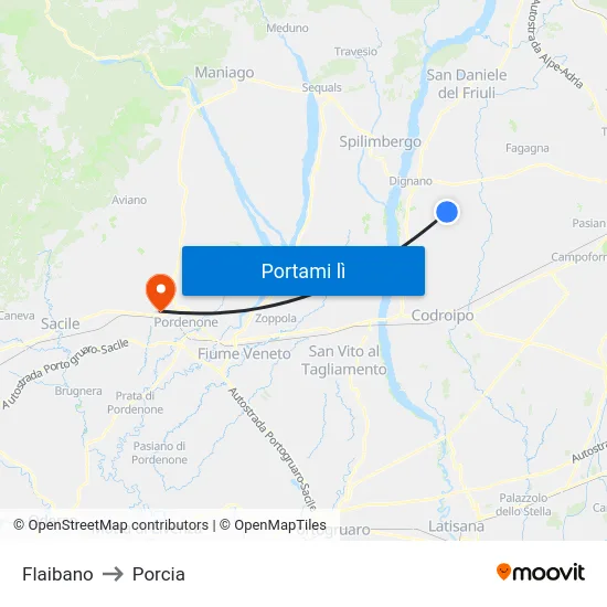 Flaibano to Porcia map