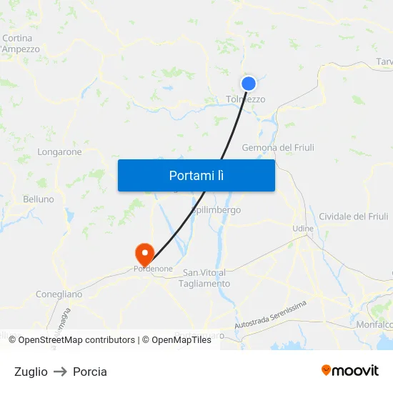 Zuglio to Porcia map