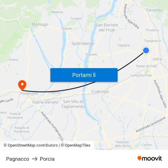 Pagnacco to Porcia map