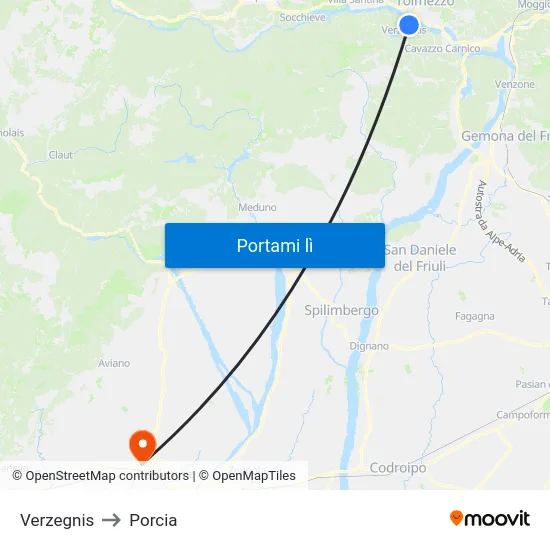 Verzegnis to Porcia map
