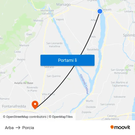 Arba to Porcia map