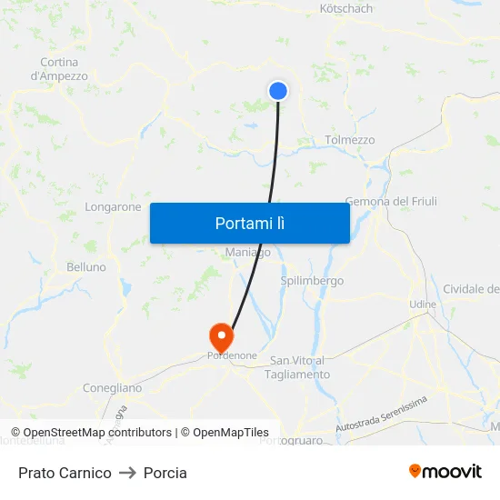 Prato Carnico to Porcia map