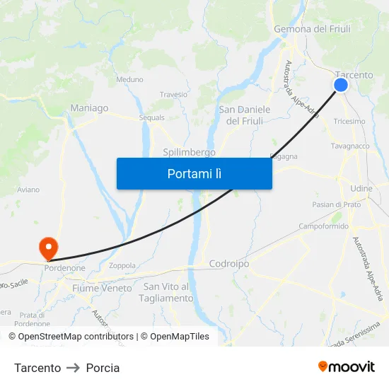 Tarcento to Porcia map