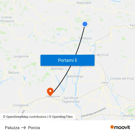 Paluzza to Porcia map