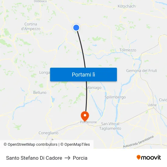 Santo Stefano Di Cadore to Porcia map