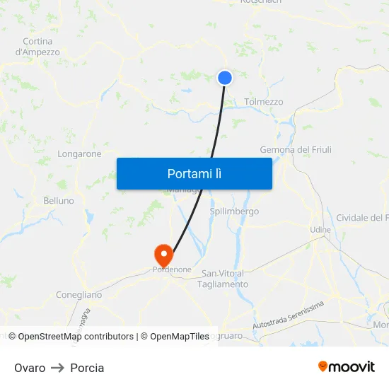 Ovaro to Porcia map