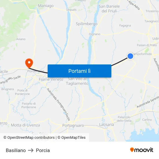 Basiliano to Porcia map