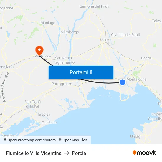 Fiumicello Villa Vicentina to Porcia map