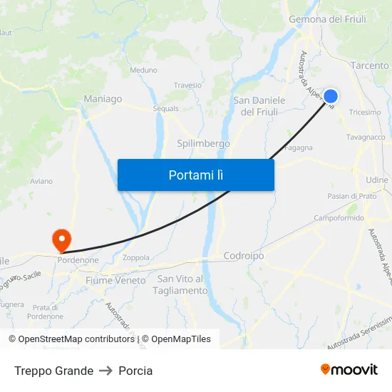 Treppo Grande to Porcia map